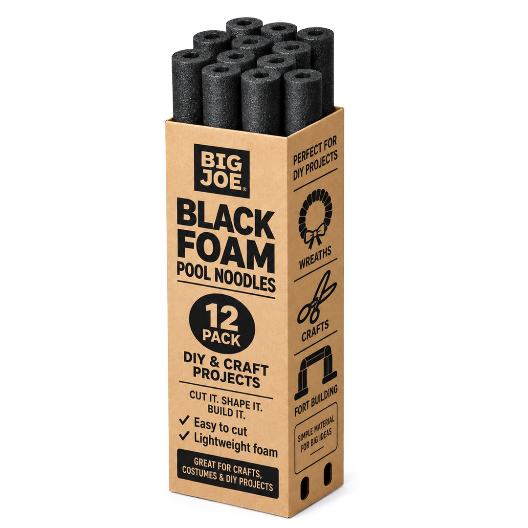 A 12-pack of Big Joe Black Foam Pool Noodles displayed in its original brown cardboard packaging, set against a plain white background. 