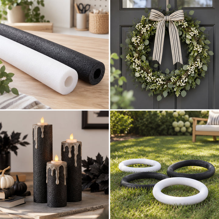 DIY Foam Noodle Decoration Examples from candles to wreaths. 