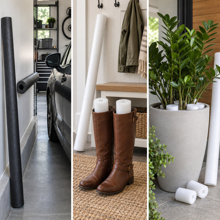 Three vertical panels show white foam core rolls used as planters or yard supports in real home environments: one beside a car in a garage, one in a hallway with boots and a bench, and one in a patio setting with a large potted plant. 