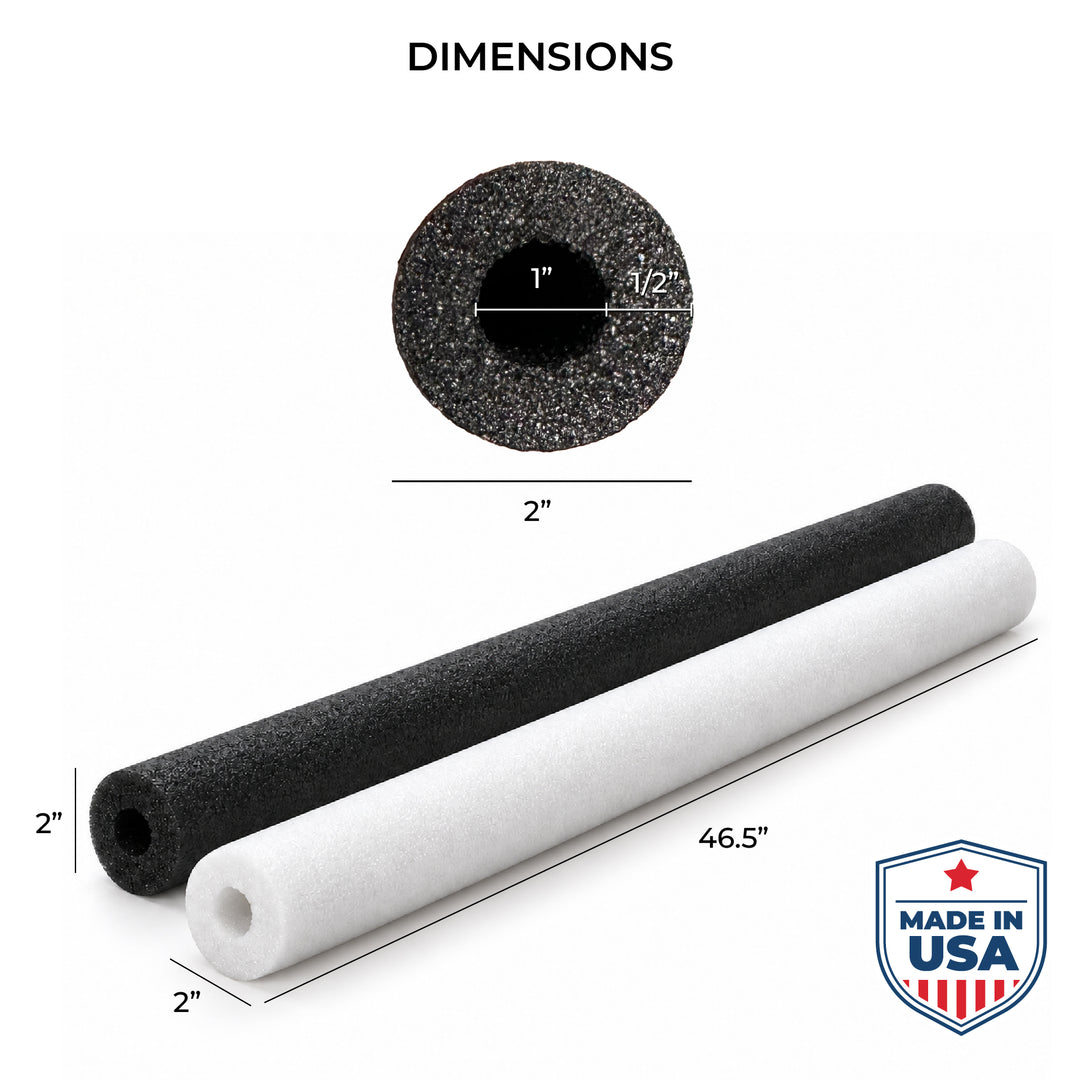 Two foam garden stakes, one black and one white, shown with dimension labels indicating a total length of 46.5 inches and a 2-inch diameter. 
