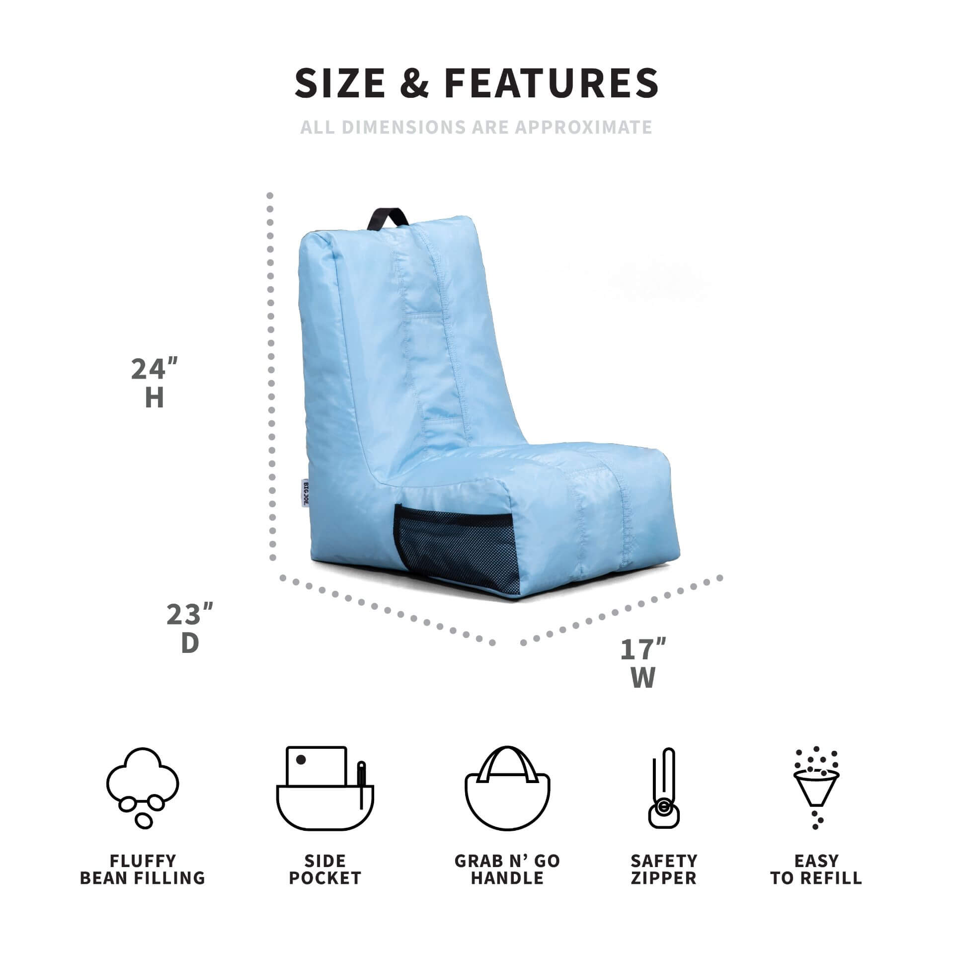 Big Joe Video Lounger Bean Bag Chair, Clear Sky Smartmax, Durable Polyester Nylon Blend, 2 Feet