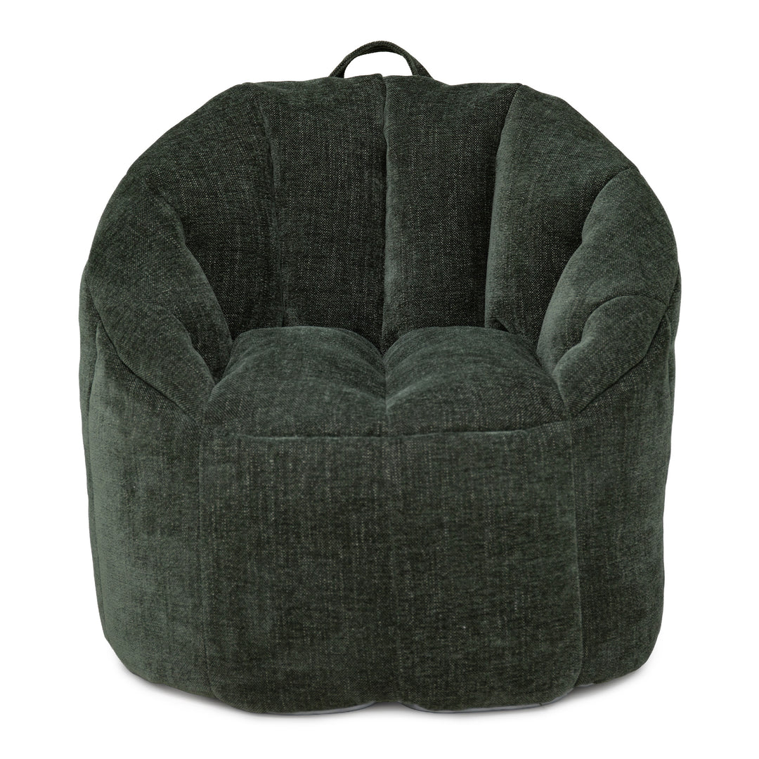 A dark forest green plush bean bag chair with a textured fabric, featuring a top carry handle, shown against a plain white background. 