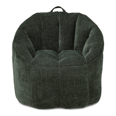 A dark forest green plush bean bag chair with a textured fabric, featuring a top carry handle, shown against a plain white background. 