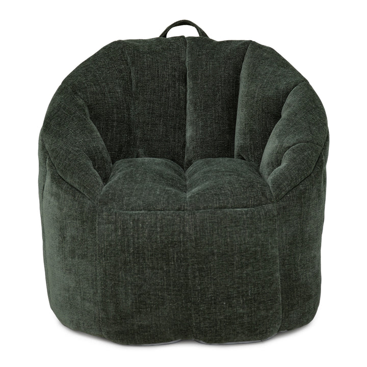 A dark forest green plush bean bag chair with a textured fabric, featuring a top carry handle, shown against a plain white background. 