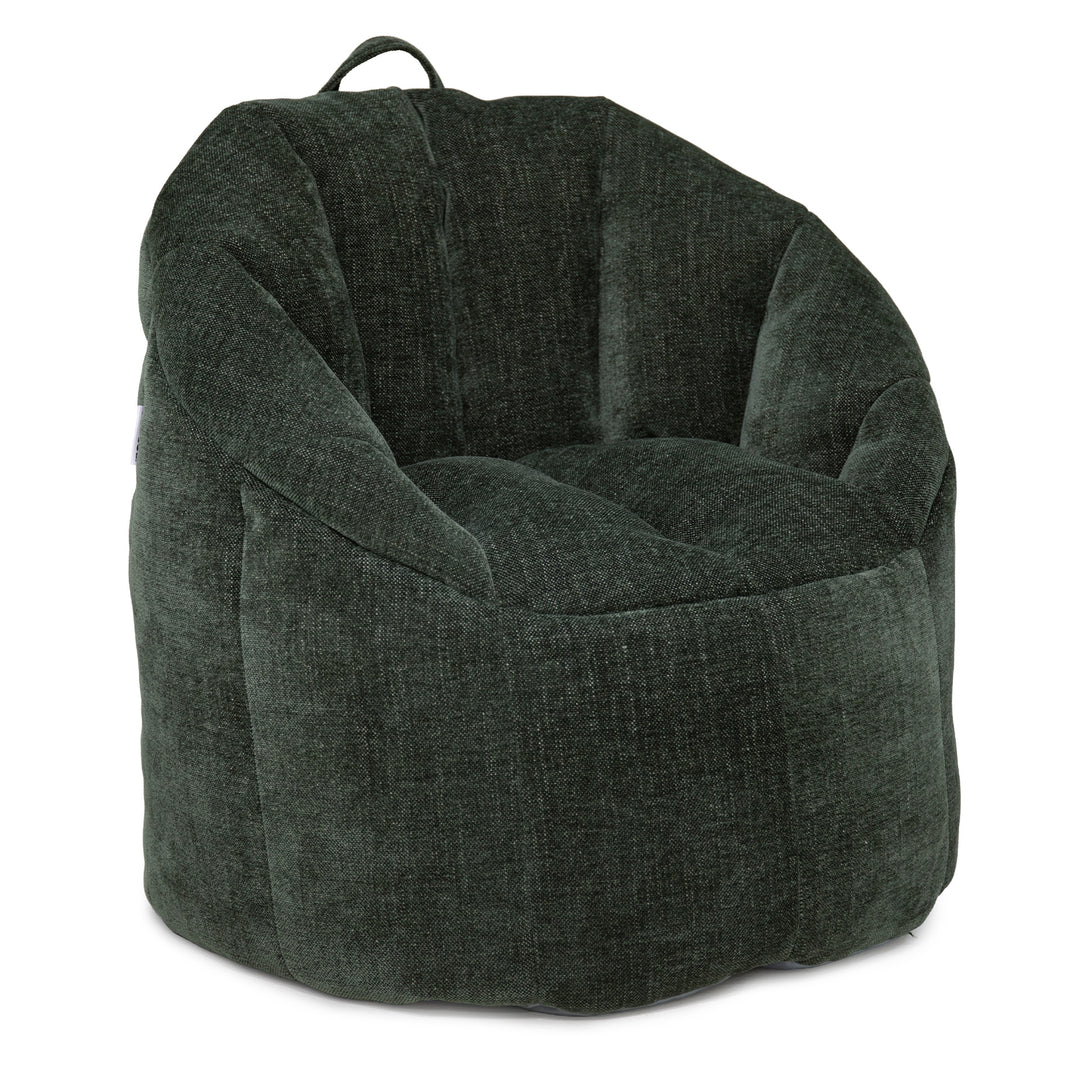 A dark forest green bean bag chair with a textured fabric, featuring a top carry handle, shown against a plain white background. 