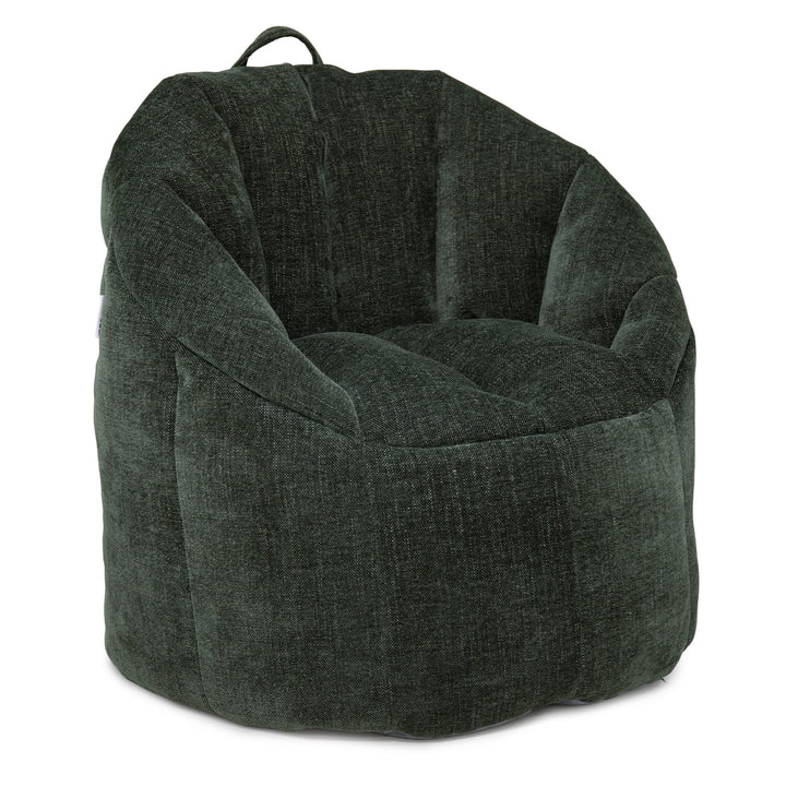 A dark forest green bean bag chair with a textured fabric, featuring a top carry handle, shown against a plain white background. 