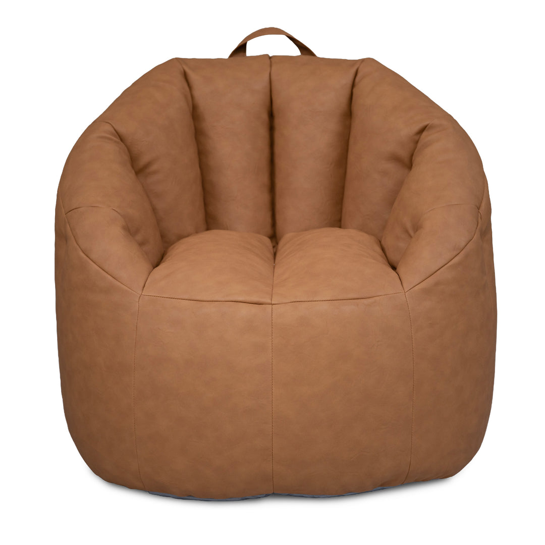 A large, round, barrel-style bean bag chair upholstered in brown faux leather, featuring a top carry handle, shown against a plain white background. 