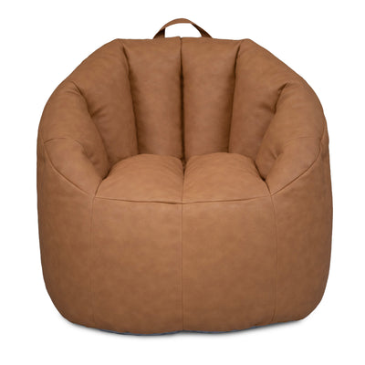 A large, round, barrel-style bean bag chair upholstered in brown faux leather, featuring a top carry handle, shown against a plain white background. 