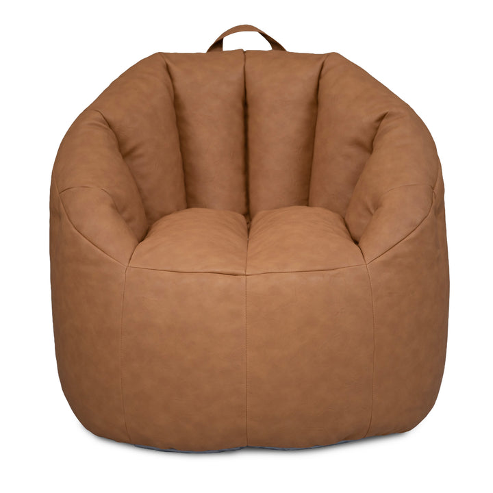 A large, round, barrel-style bean bag chair upholstered in brown faux leather, featuring a top carry handle, shown against a plain white background. 