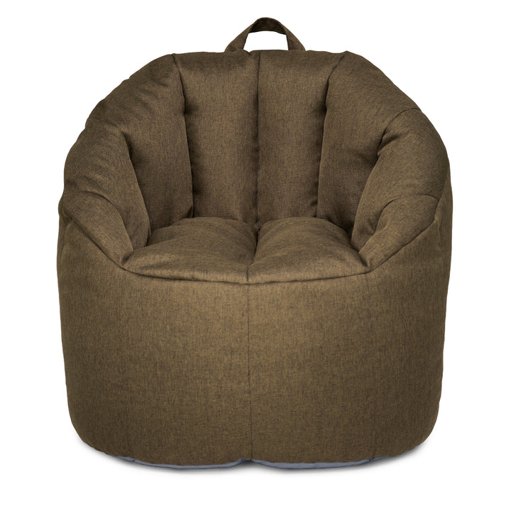 A large, plush bean bag chair in a textured brown fabric, featuring a high back, wide armrests, a top carry handle, and a circular base, shown against a plain white background. 