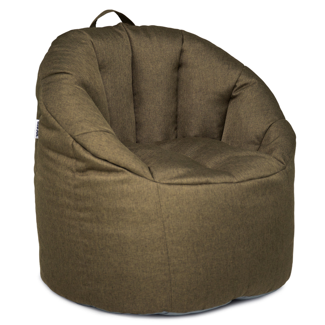 A large, round bean bag chair upholstered in a textured olive-brown fabric, featuring a padded top handle and a wide, comfortable seat, shown against a plain white background. 