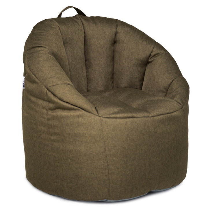 A large, round bean bag chair upholstered in a textured olive-brown fabric, featuring a padded top handle and a wide, comfortable seat, shown against a plain white background. 