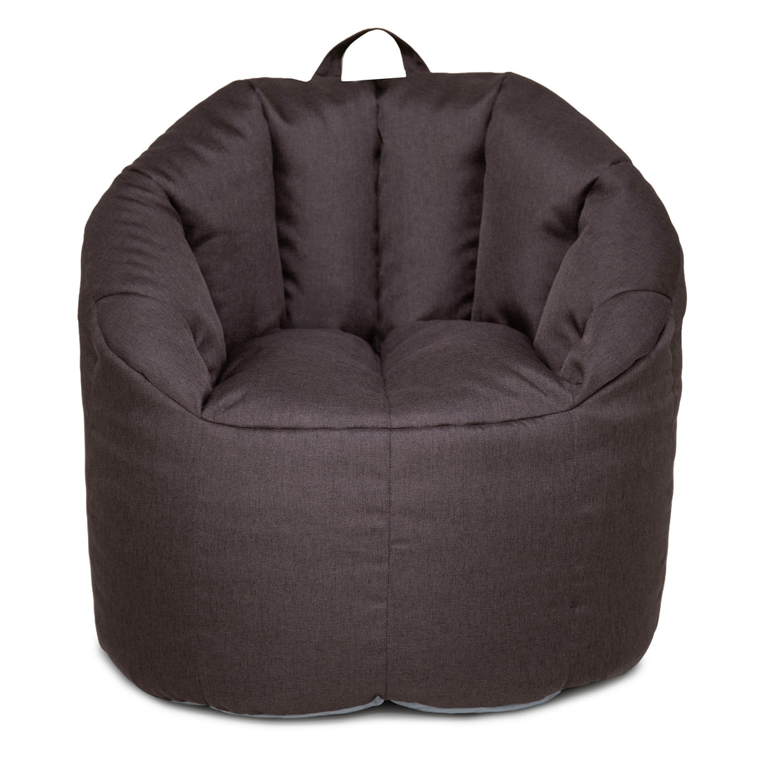 A dark brown fabric bean bag chair with a top carry handle, shown against a plain white background. 