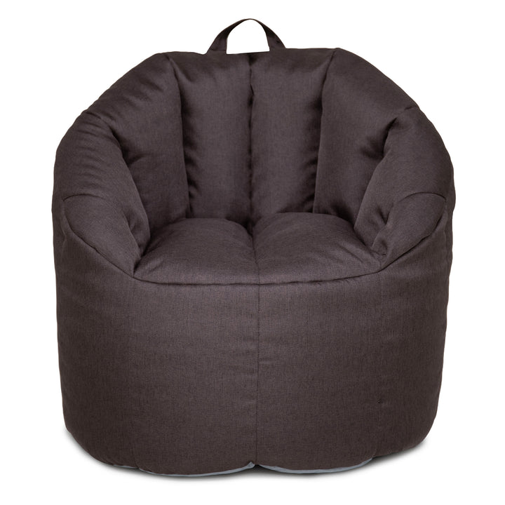 A dark brown fabric bean bag chair with a top carry handle, shown against a plain white background. 