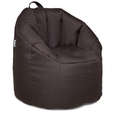 A dark brown fabric bean bag chair with a padded seat and backrest, featuring a small top carry handle, shown on a plain white background. 