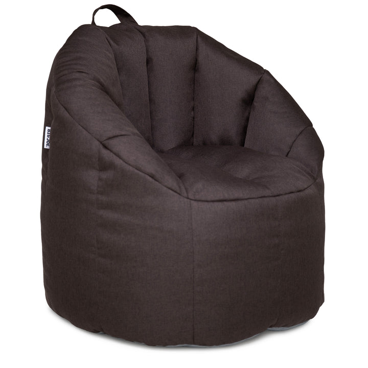 A dark brown fabric bean bag chair with a padded seat and backrest, featuring a small top carry handle, shown on a plain white background. 