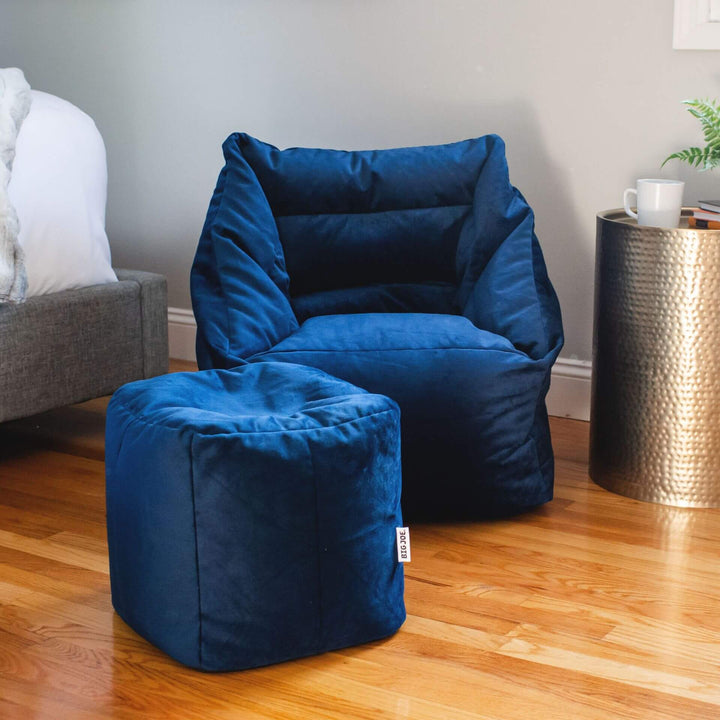Aurora Bean Bag Chair with Ottoman in Blue in room#color_deep-navy-velvet
