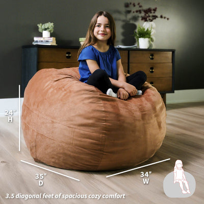 Child sitting on a large brown bean bag with dimensions displayed 