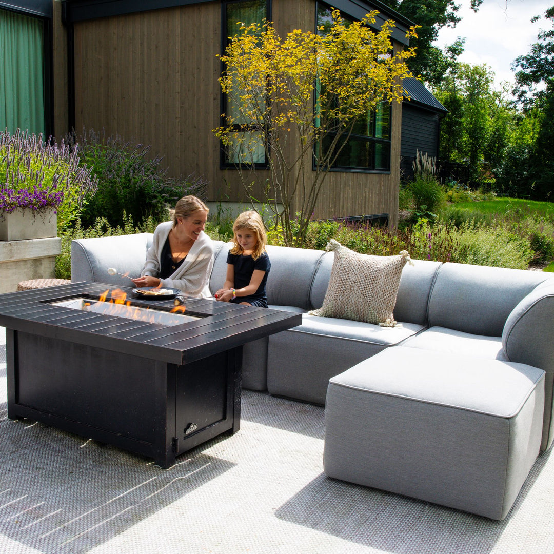 5pc sectional furniture for patio with family relaxing by fire  #color_fresh-gray
