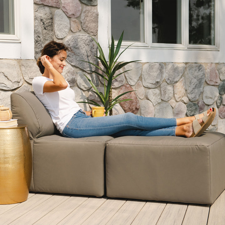 Patio 2pc Sectional Patio Castor Gray Bask woman relaxing drinking coffee  #color_castor-gray-bask