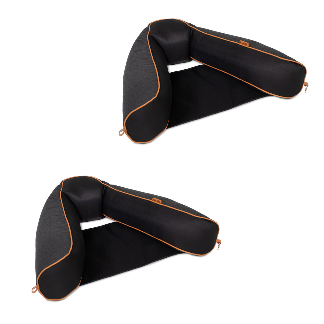 Black pool float slings with orange accents on a white background #color_twilight-sunbrella-fabric