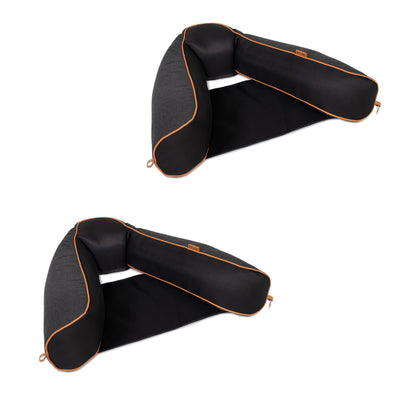 Black pool float slings with orange accents on a white background 