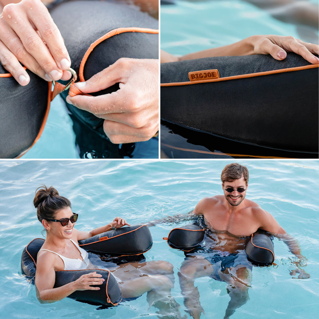 Collage of a person inflating a black pool toy with 'BIGJOE' branding, and two people using the toy in a pool. #color_twilight-sunbrella-fabric
