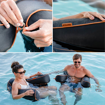 Collage of a person inflating a black pool toy with 'BIGJOE' branding, and two people using the toy in a pool. 