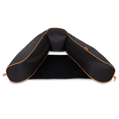 Black pool float sling with orange accents on a white background 