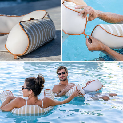 Collage of a striped pool float being used by people in a pool. 