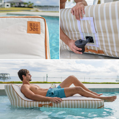 Collage of a striped inflatable lounge chair with 'BIG JOE' branding, being inflated, and a person relaxing on it by a pool. 