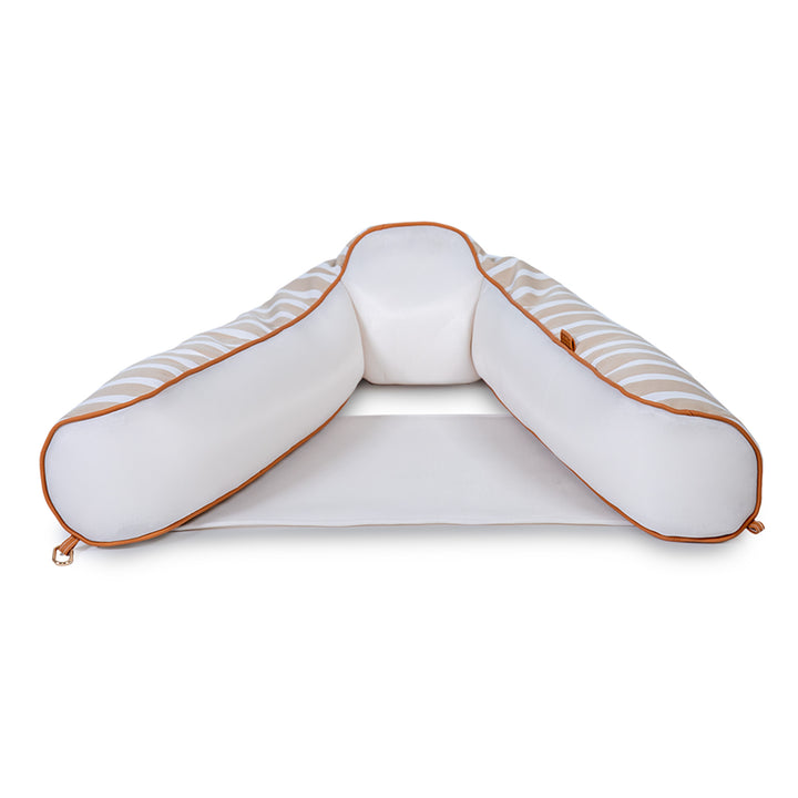 Inflatable pool float with white body and orange trim on a white background #color_sand-stripe-sunbrella-fabric