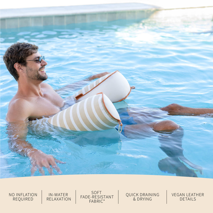 Man relaxing in a pool with striped floaties, text about product features. #color_sand-stripe-sunbrella-fabric