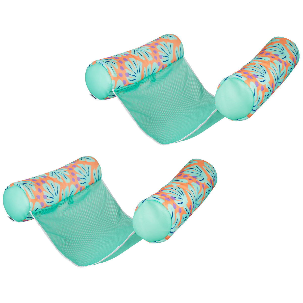 Turquoise inflatable pool float with colorful floral pattern on a white background 