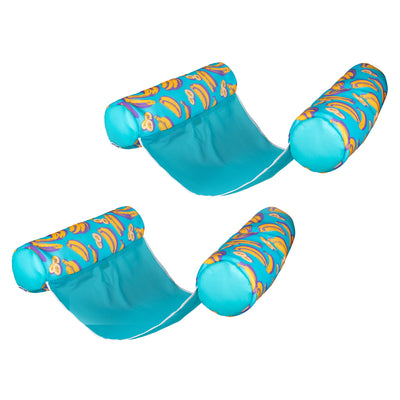Two blue inflatable pool floats with colorful banana pattern on a white background 