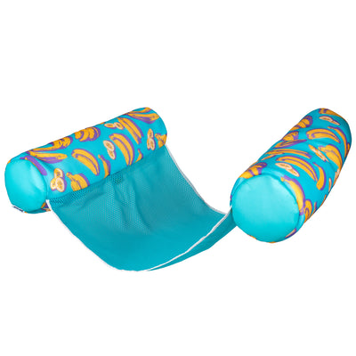 Turquoise inflatable pool float with banana pattern on a white background 