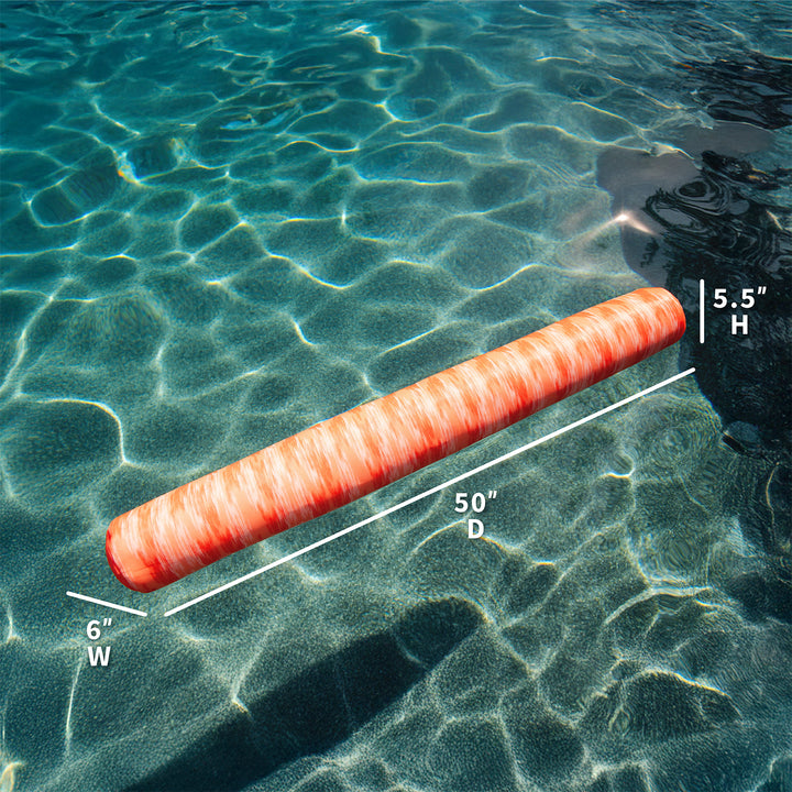 Red cylindrical pool float in water with measurements indicated #color_peach-glow