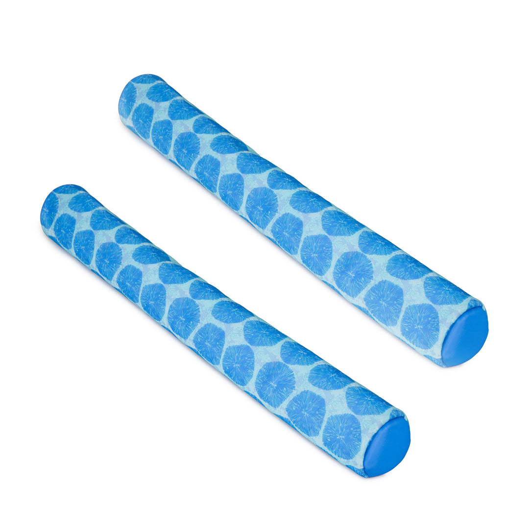 Two blue pool noodles with a textured pattern on a white background #color_coral-bloom