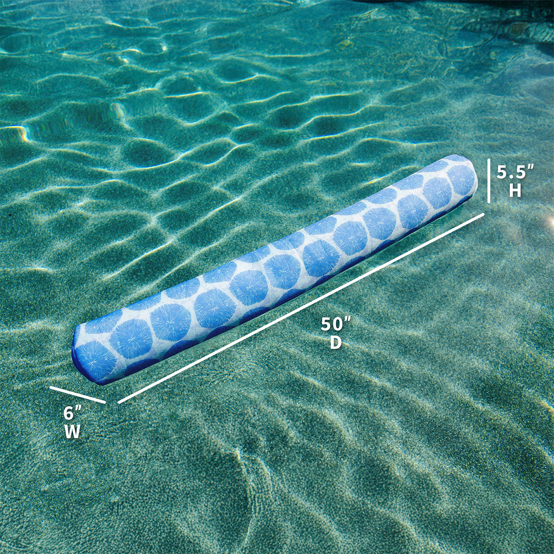 Blue pool noodle with measurements on a pool surface #color_coral-bloom