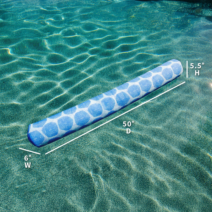 Blue pool noodle with measurements on a pool surface #color_coral-bloom