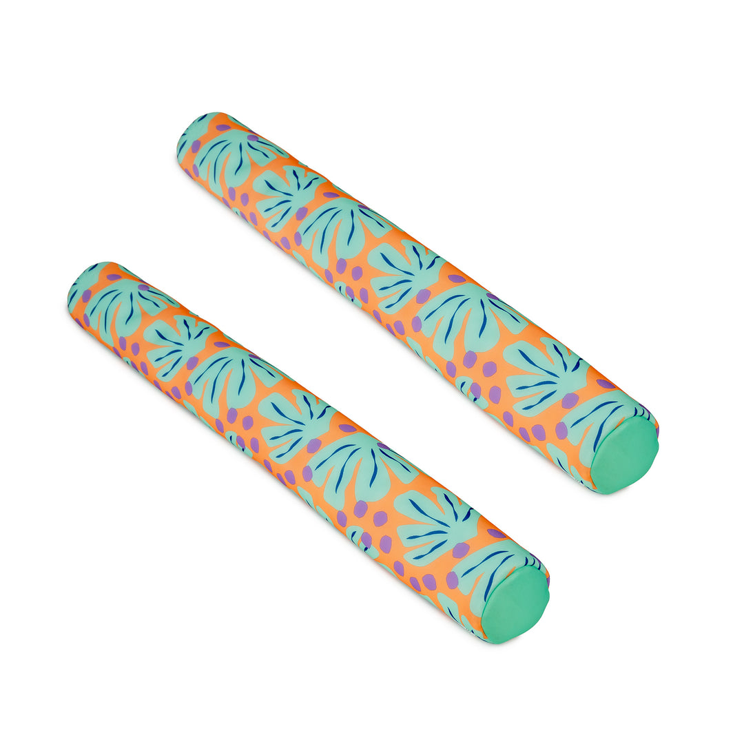 Two colorful cylindrical pool noodles with a floral pattern on a white background #color_sweet-shells-peach