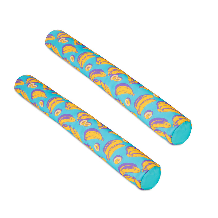 Two colorful bean pool noodles with a banana pattern on a white backdrop #color_banana-pop