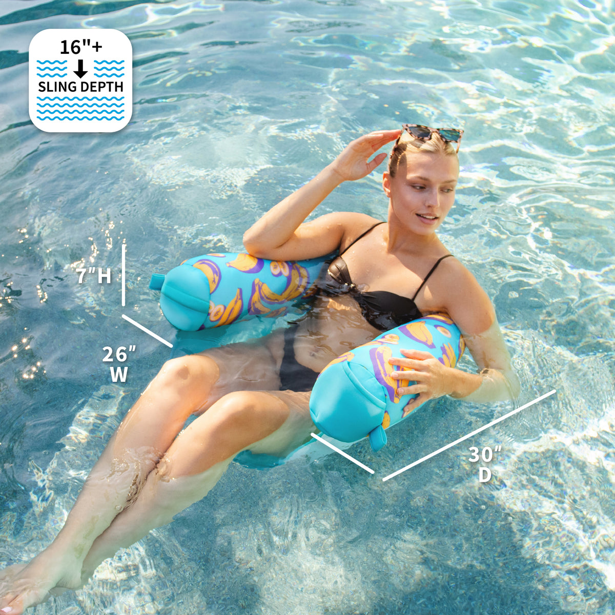 Woman in a pool with pool float, showing dimensions and slinging depth. 