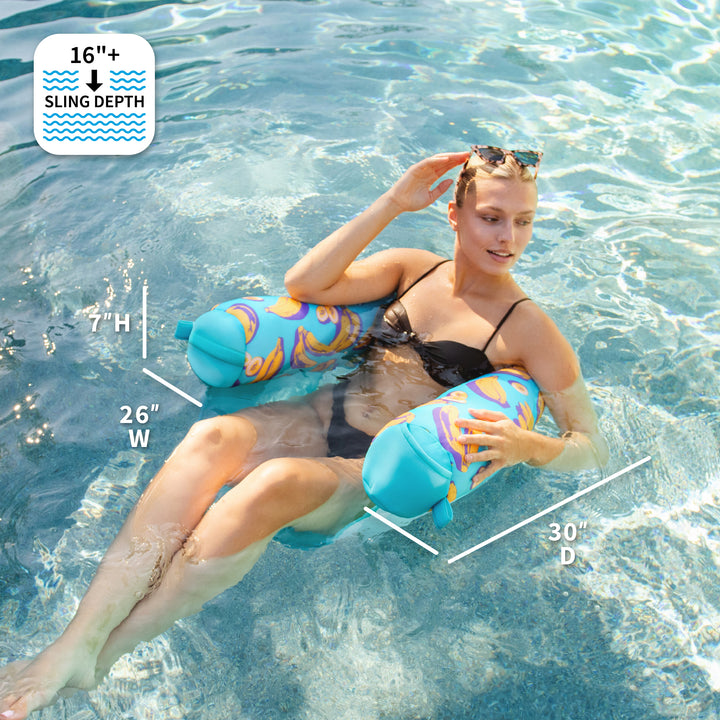 Woman in a pool with pool float, showing dimensions and slinging depth. #color_banana-pop