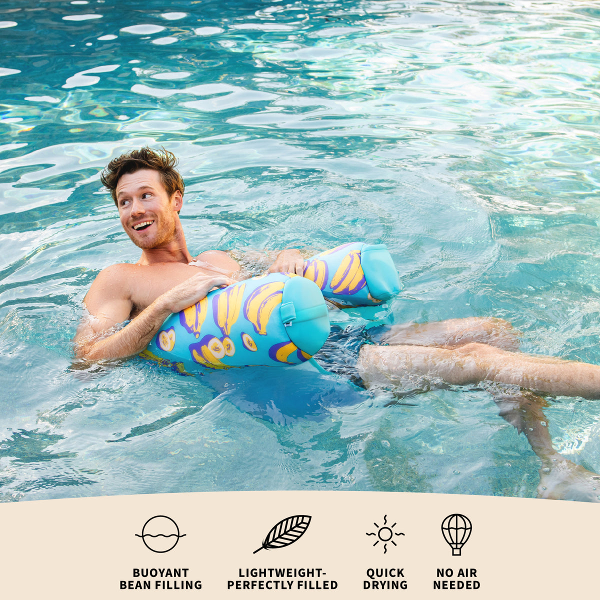 Man in a pool with a colorful pool float, featuring product benefits text below. 