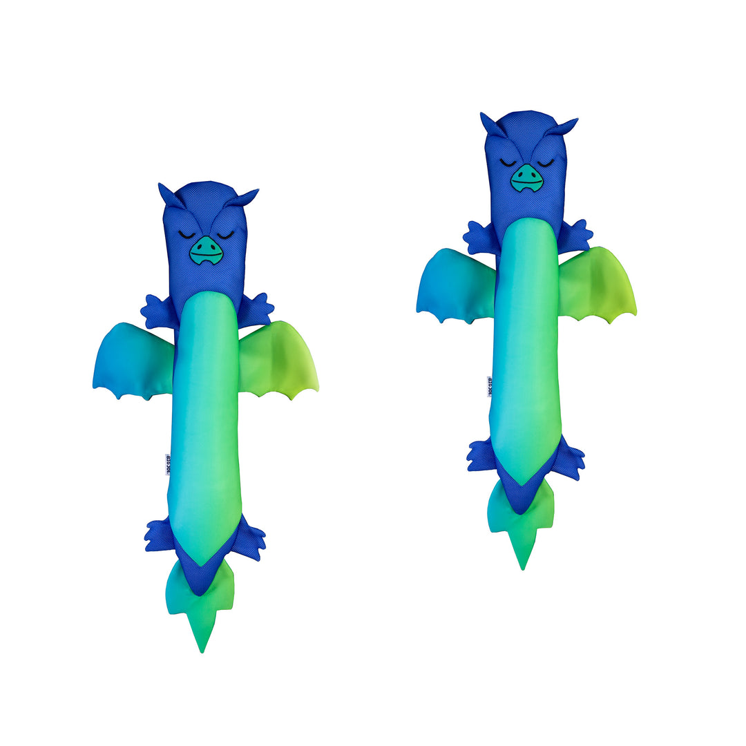 Two blue and green dragon-shaped pool toys on a white background #style_dragon