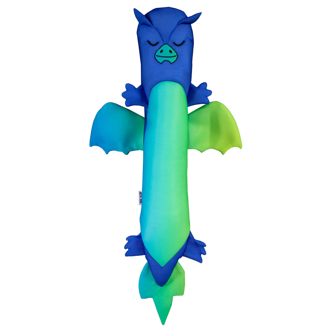 Blue and green dragon-shaped pool toy on a white background #style_dragon
