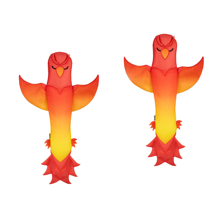 Two inflatable bird-shaped pool noodles with a gradient of red, orange, and yellow on a white background. #style_phoenix
