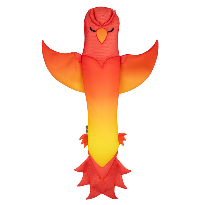 Plush pool toy shaped like a bird with a gradient of red, orange, and yellow on a white background #style_phoenix