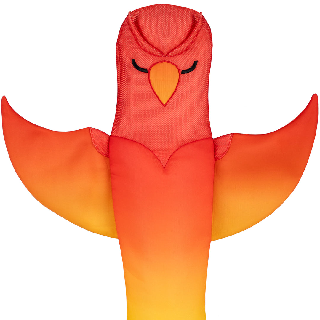 Red and orange bird-shaped pool float on a white background #style_phoenix